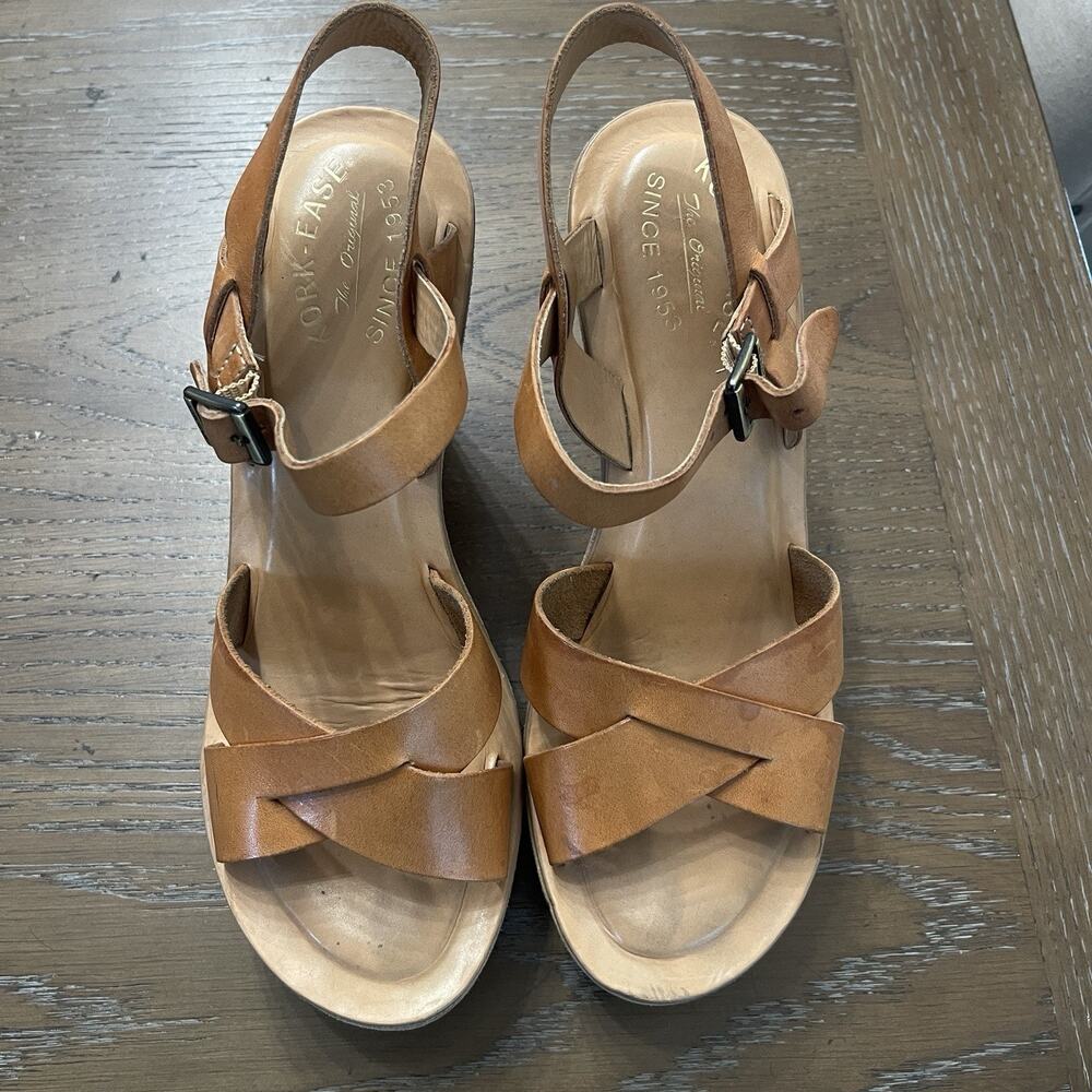 Kork‎ Ease Ava Platform Wedge Sandals Size 9 Cognac Brown Buckle Summer Leather